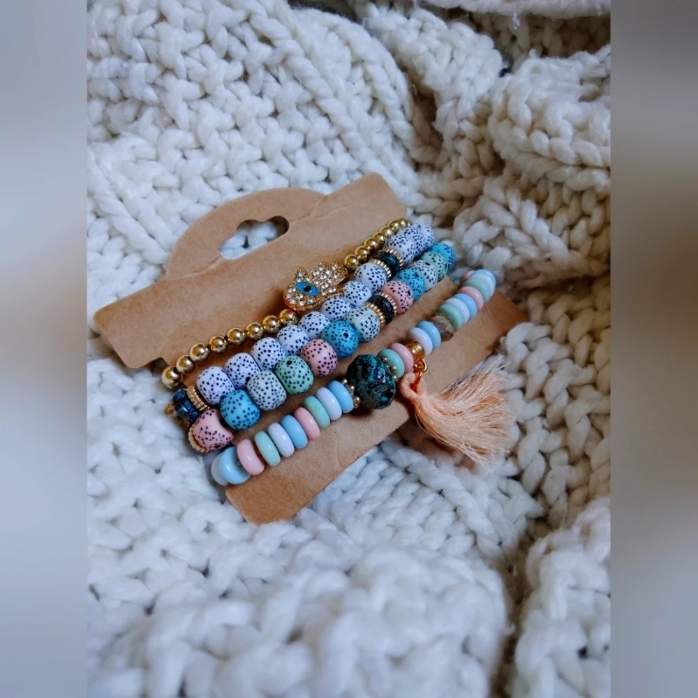 4 Pcs Colorful Beaded Bracelet Stacking Set NIP!